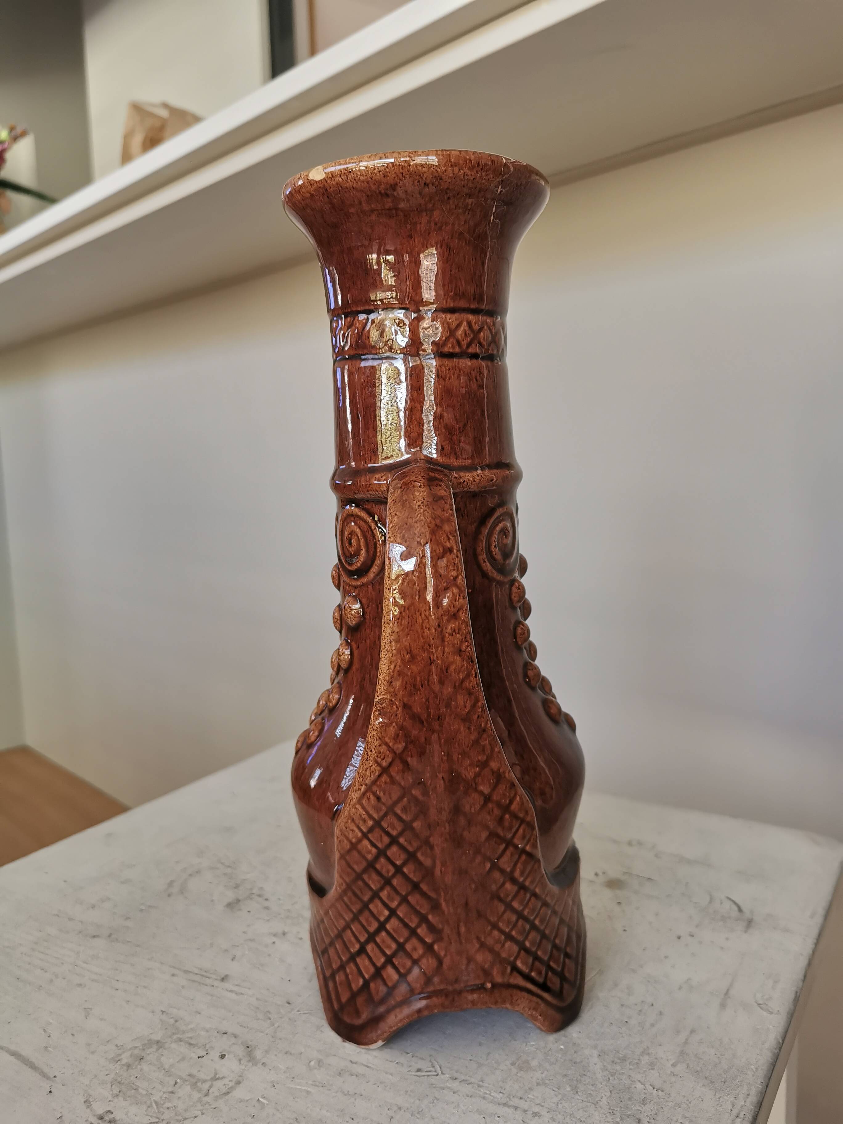 Vintage Amphora Vase: Large Brown Glazed Pottery with Grape Motif