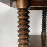 Brutalist wood turned wine press side table in the style of Charles Dudouyt