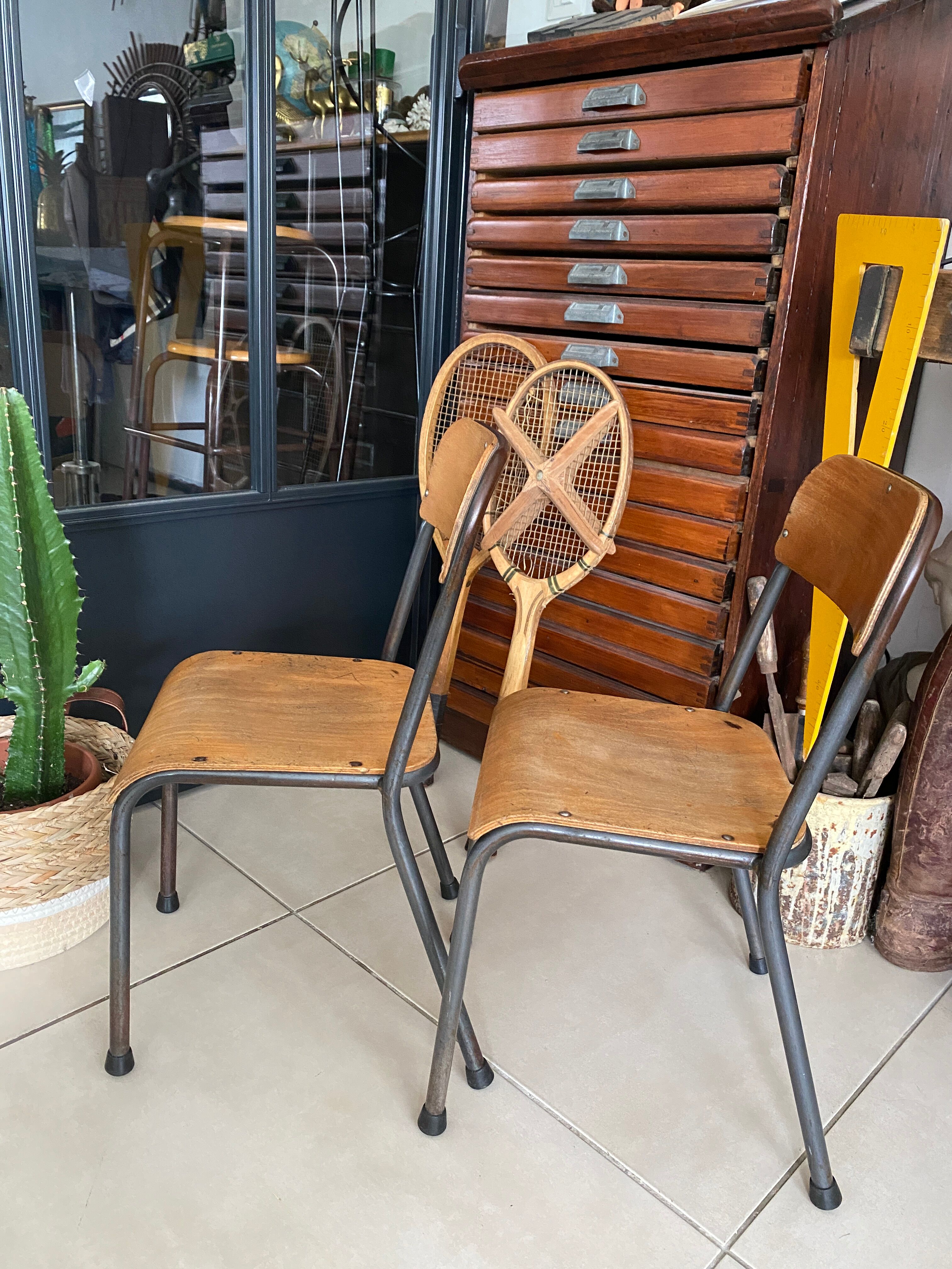 Pair of wooden and metal children's chairs