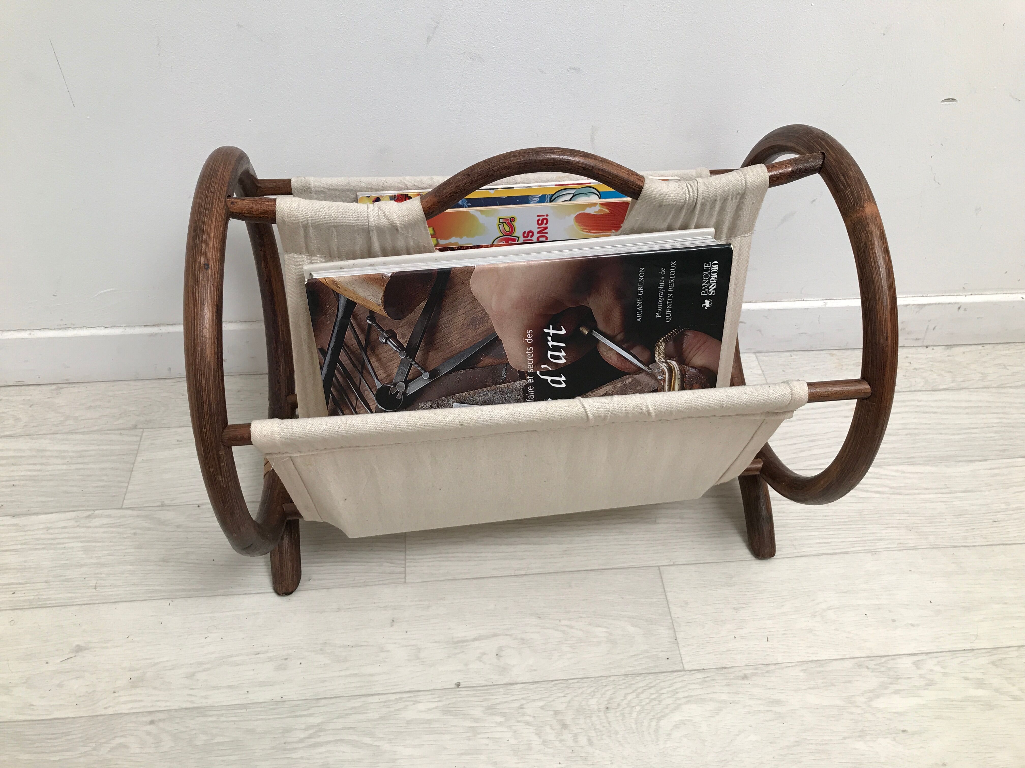Magazine holders in rattan wicker and fabric 70s