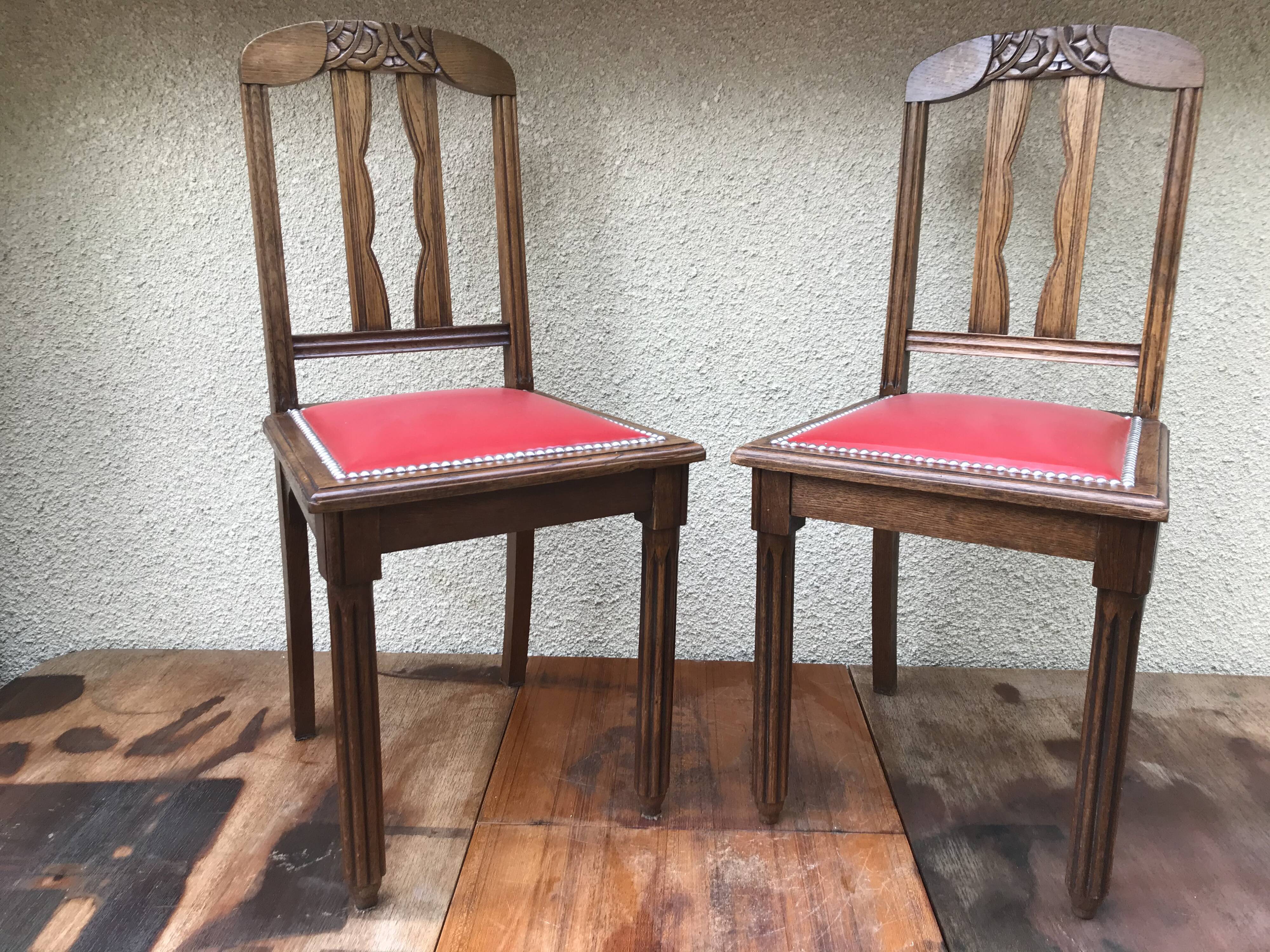 Pair of old chairs art deco in sculpted wood & vintage red leather seat