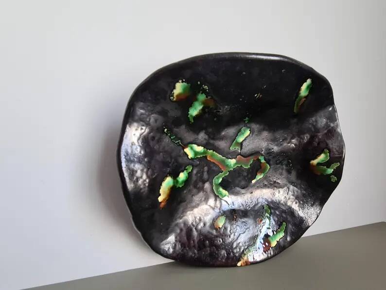 French ceramic bowl, lava glaze, black and green.