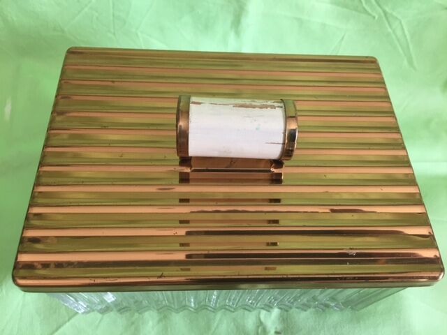 Art Deco gold metal glass cookie box