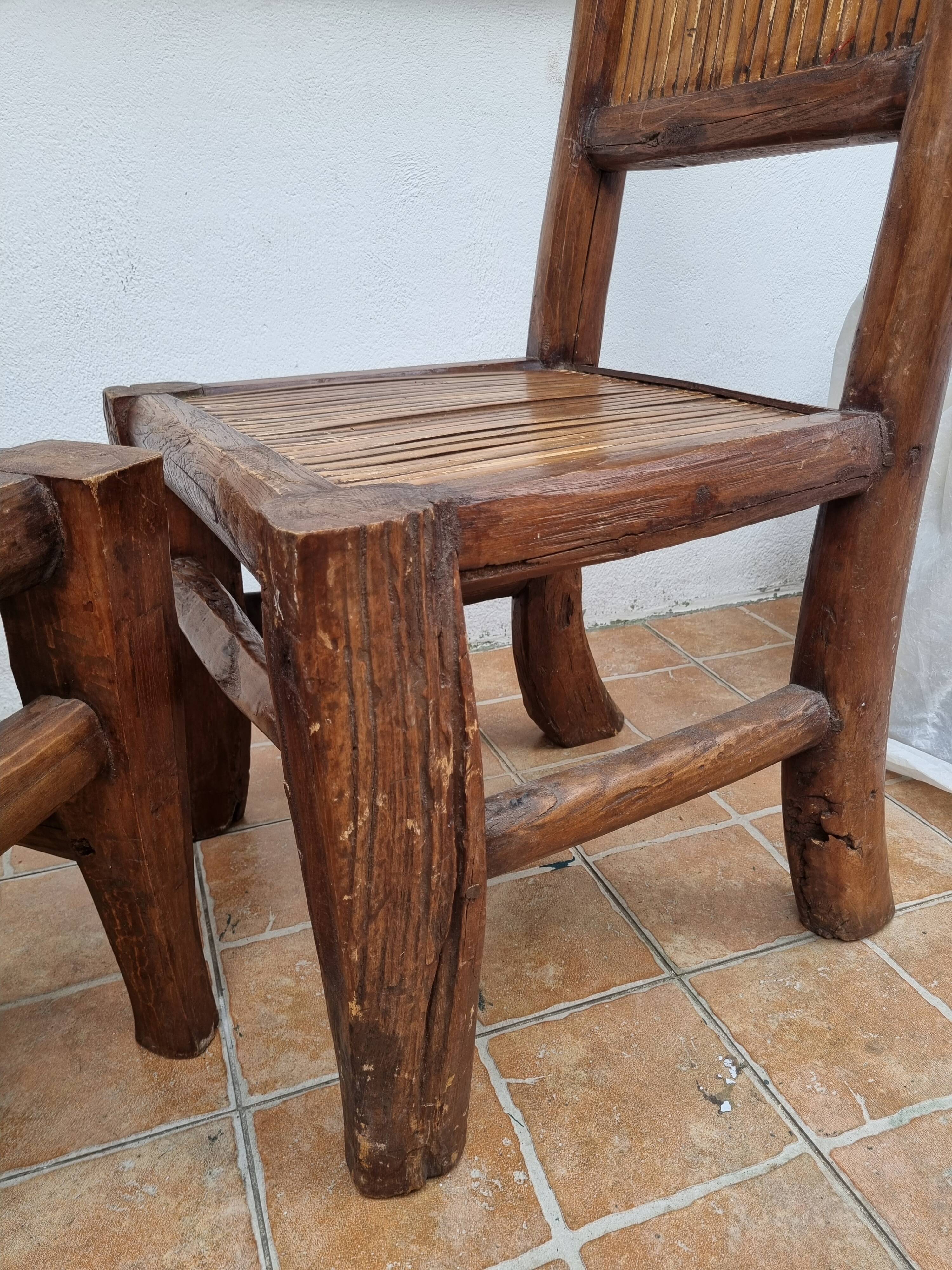 Pair of solid wood and bamboo chairs, brutalist style, 90 cm