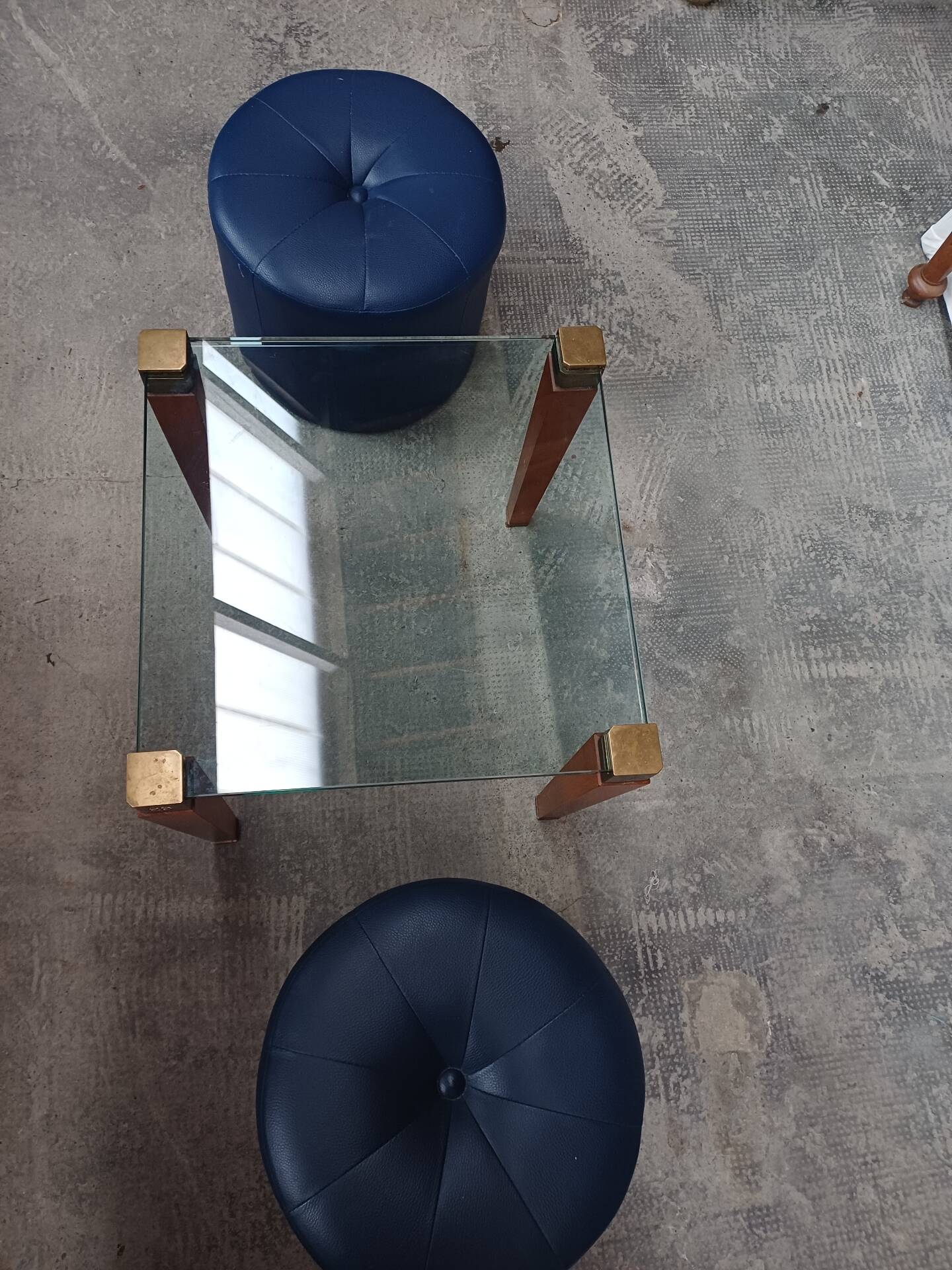 Modernist Design Side Table + 2 Blue Leather Poufs