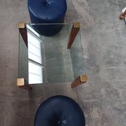 Modernist Design Side Table + 2 Blue Leather Poufs