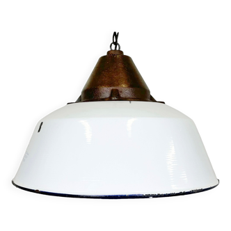 Industrial White Enamel and Cast Iron Pendant Light, 1960s