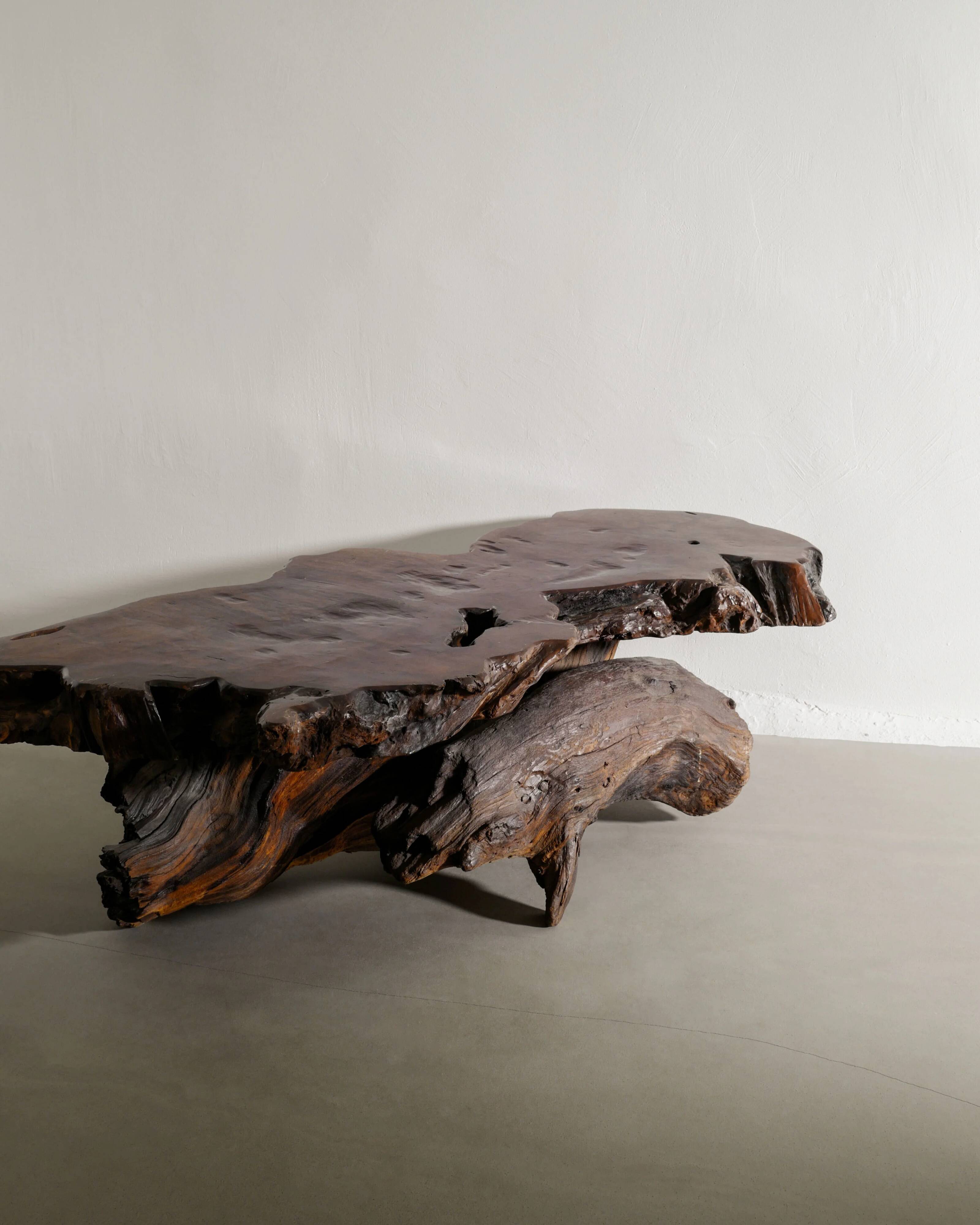 French Brutalist Sculptural Free Form Wooden Root Sofa Coffee Table, 1960s