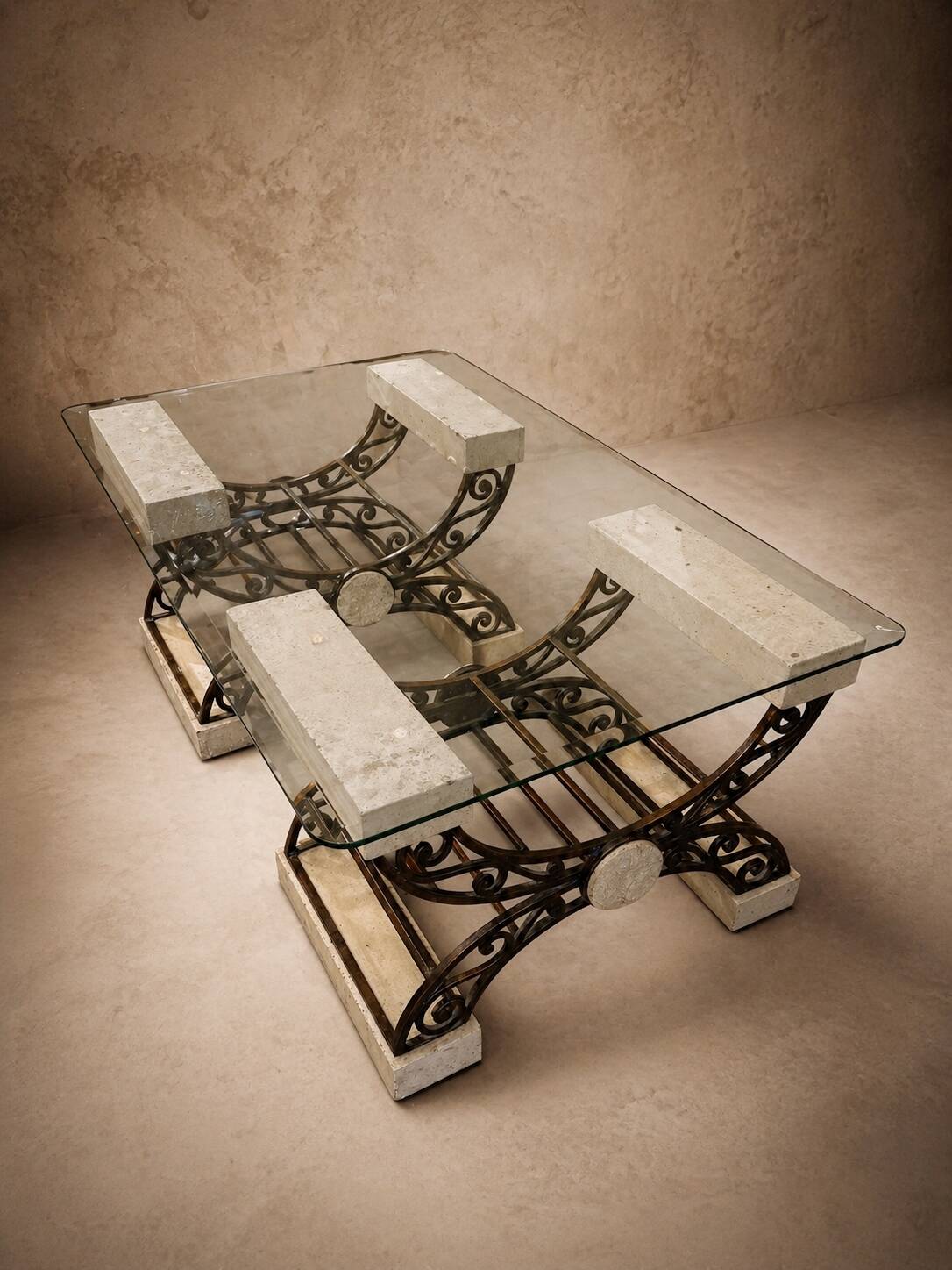 Travertine table with wrought iron, Italy circa 1980.