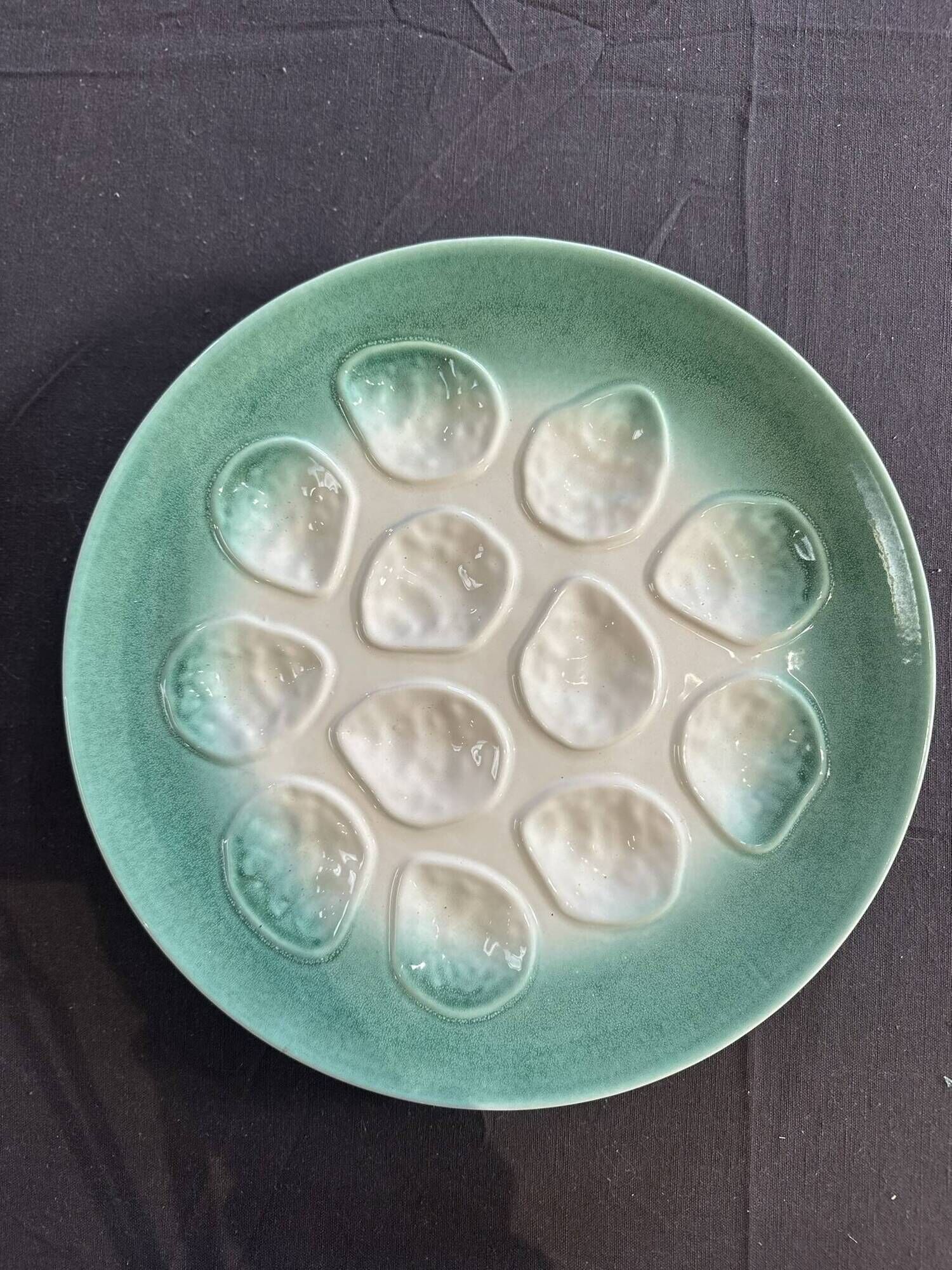 Niderviller sea-green earthenware oyster plates, set of 10 + dish