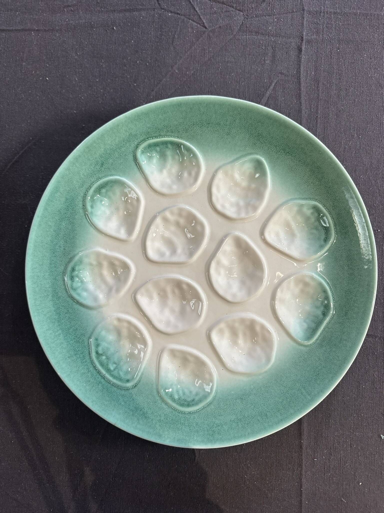 Niderviller sea-green earthenware oyster plates, set of 10 + dish