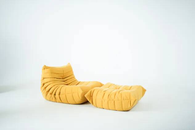 Togo Chair and Pouf Set in Yellow Tweed