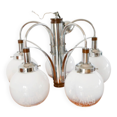 Lustre Gaetano Sciolari, 5 feux, en verre de Murano, Opaline et Ambré, 1970