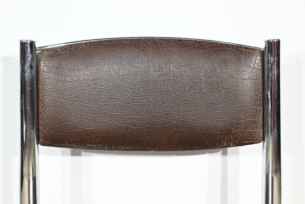 Suite of 3 Leather and Chrome Metal Chairs, attributed to Collomb Creation – 1970