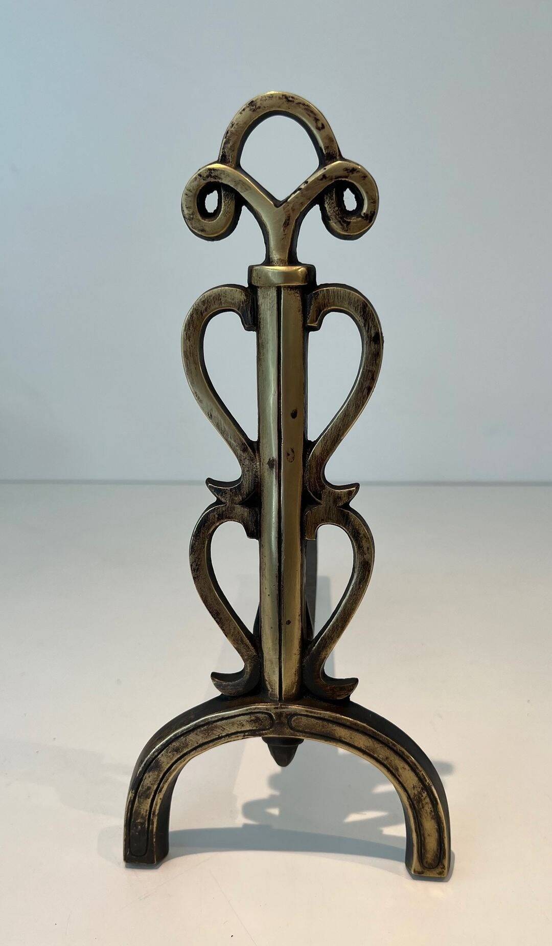 Pair of Brass and Wrought Iron Chenets with Triple Volute and Mount Torch Holders