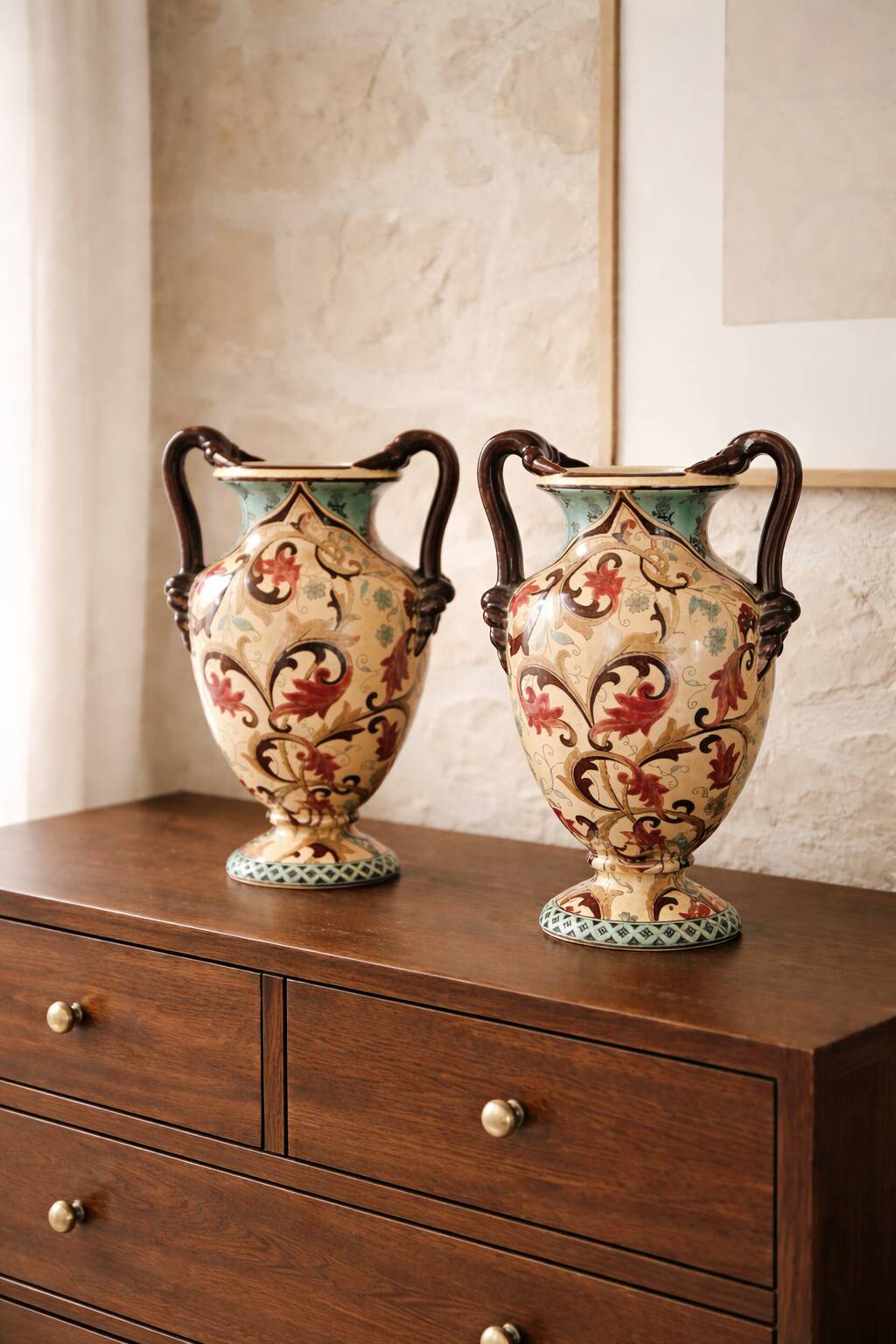 Pair of large earthenware vases from Gien – Polychrome floral decoration – 20th century