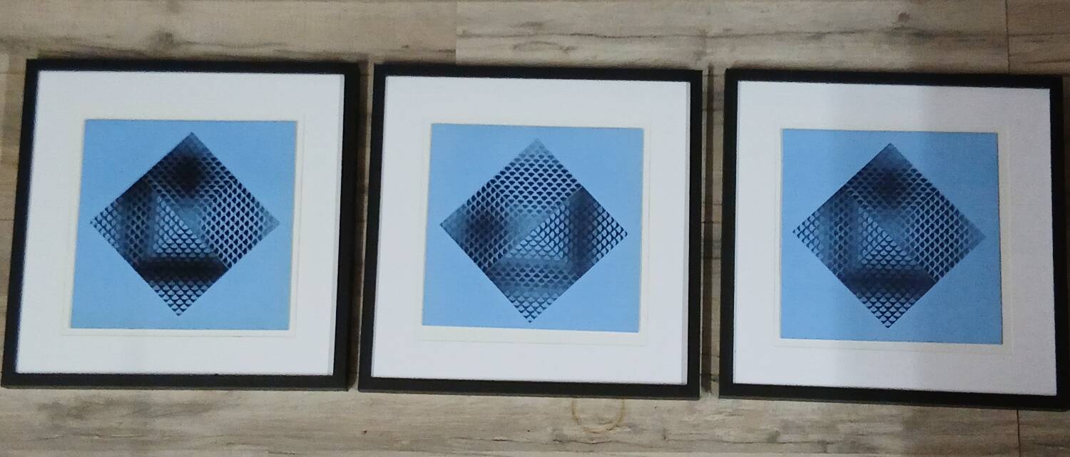 Trio Vintage Optical Art Tableaux - Victor Vasarely - Frames 40x40cm