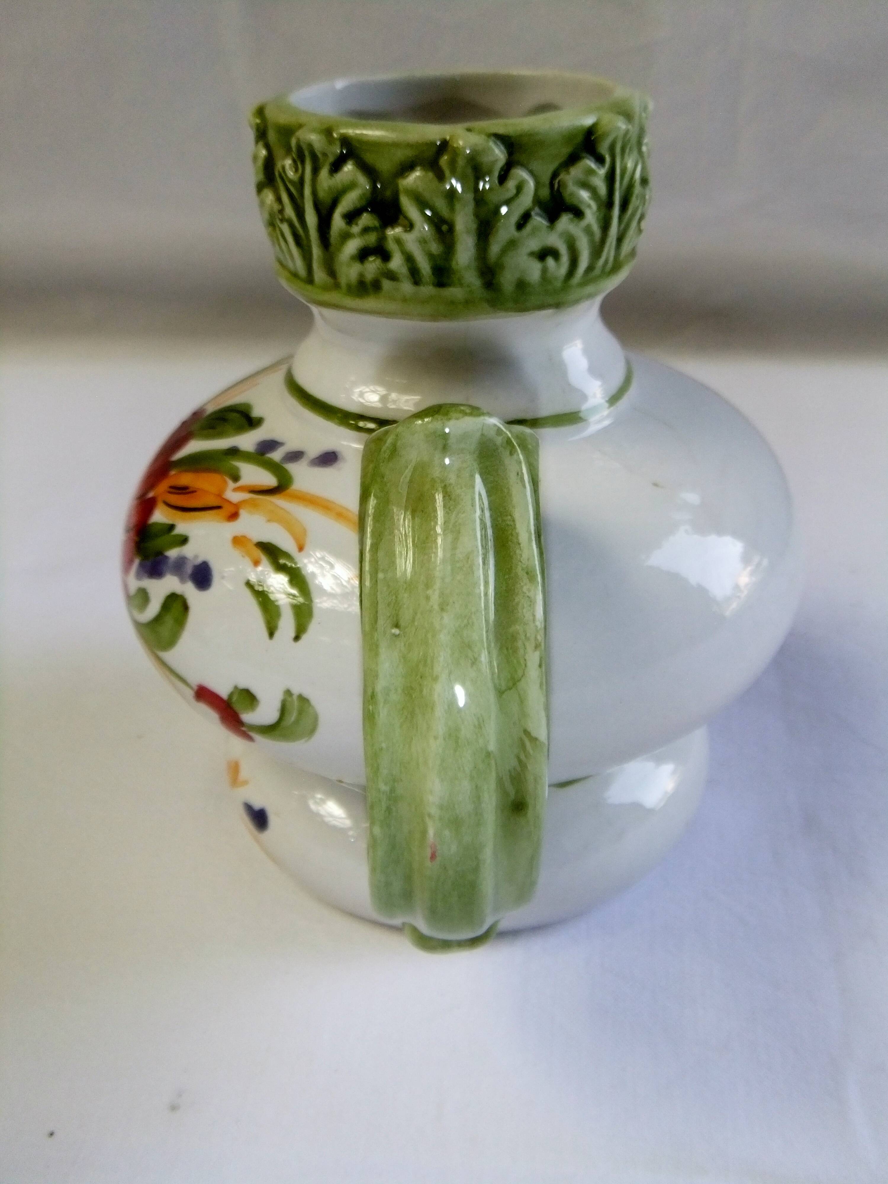 Vintage ceramic slip vase V Bassano pitcher decorated with porcelain flowers