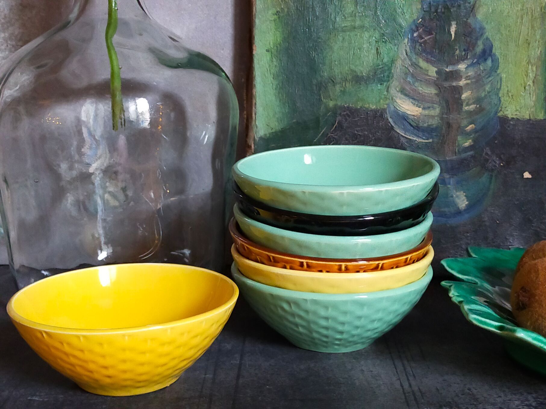 Seven vintage slip ceramic bowls
