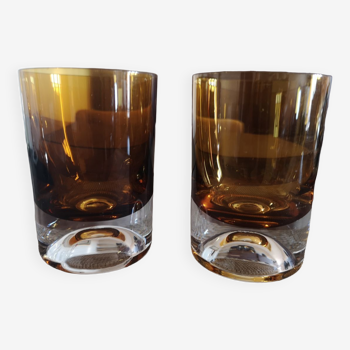 Duo de verres à whisky ou cocktail cristal ambré space age années 1960/1970