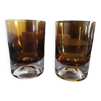 Duo de verres à whisky ou cocktail cristal ambré space age années 1960/1970