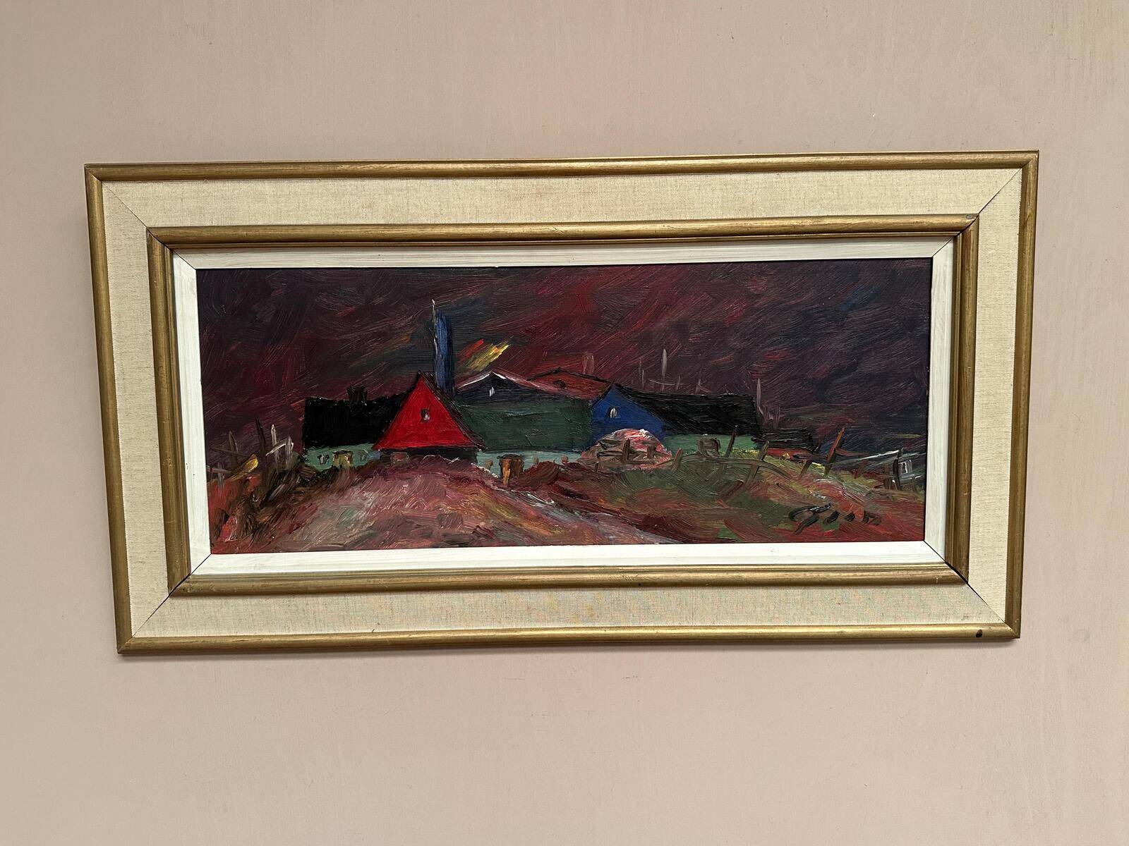 Original Swedish Oil on Panel – “Huts” – Vintage & Framed – 77 × 41 cm