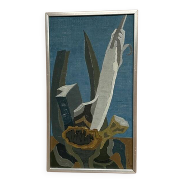 Huile sur toile originale suédoise – "Aqave" par Marit Wahlström Schönbäck – Signée – Datée de 1969 – Encadrée – 37 × 64 cm