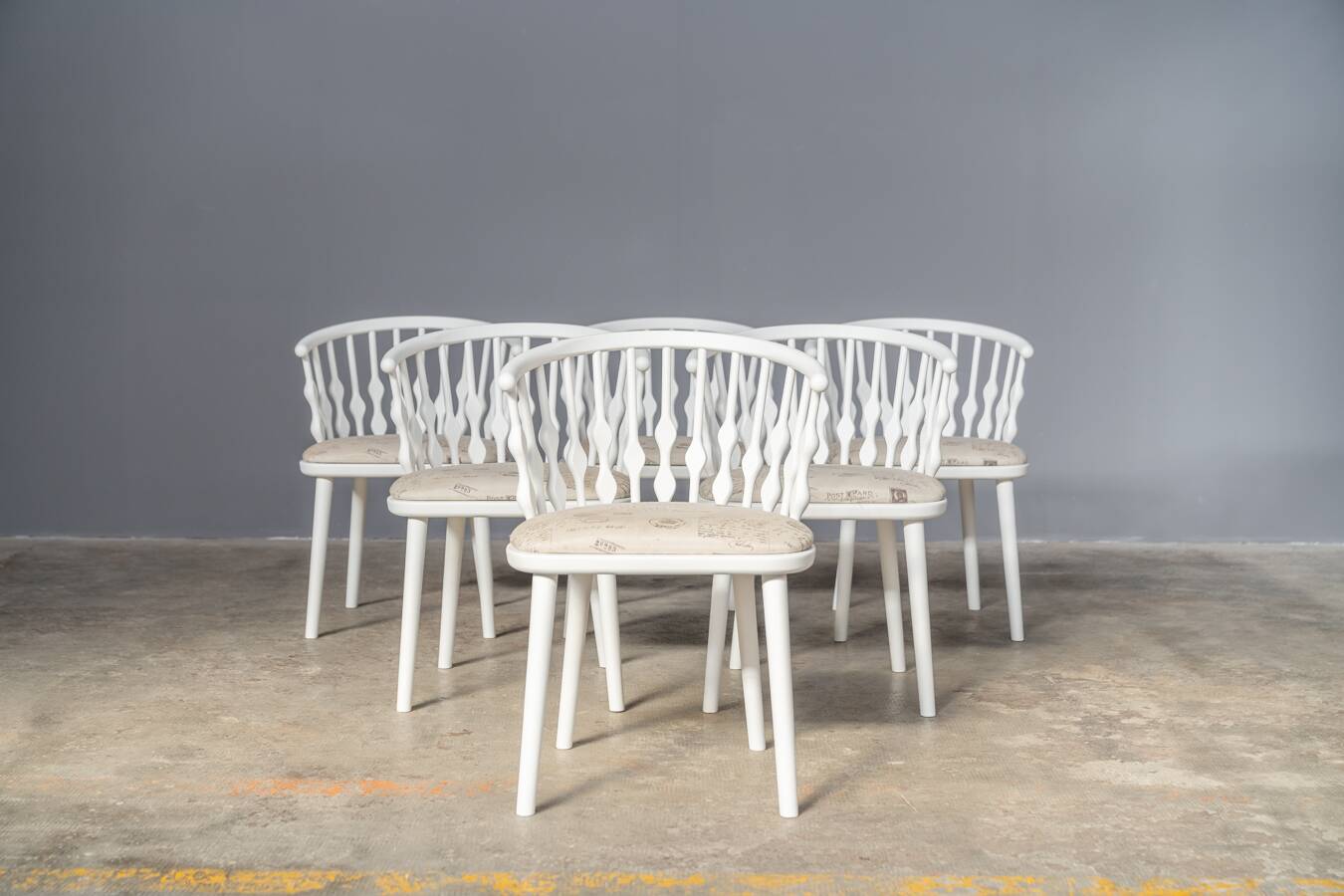 Matte white painted beech chair with upholstered seat in fabric 1970
