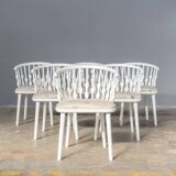 Matte white painted beech chair with upholstered seat in fabric 1970