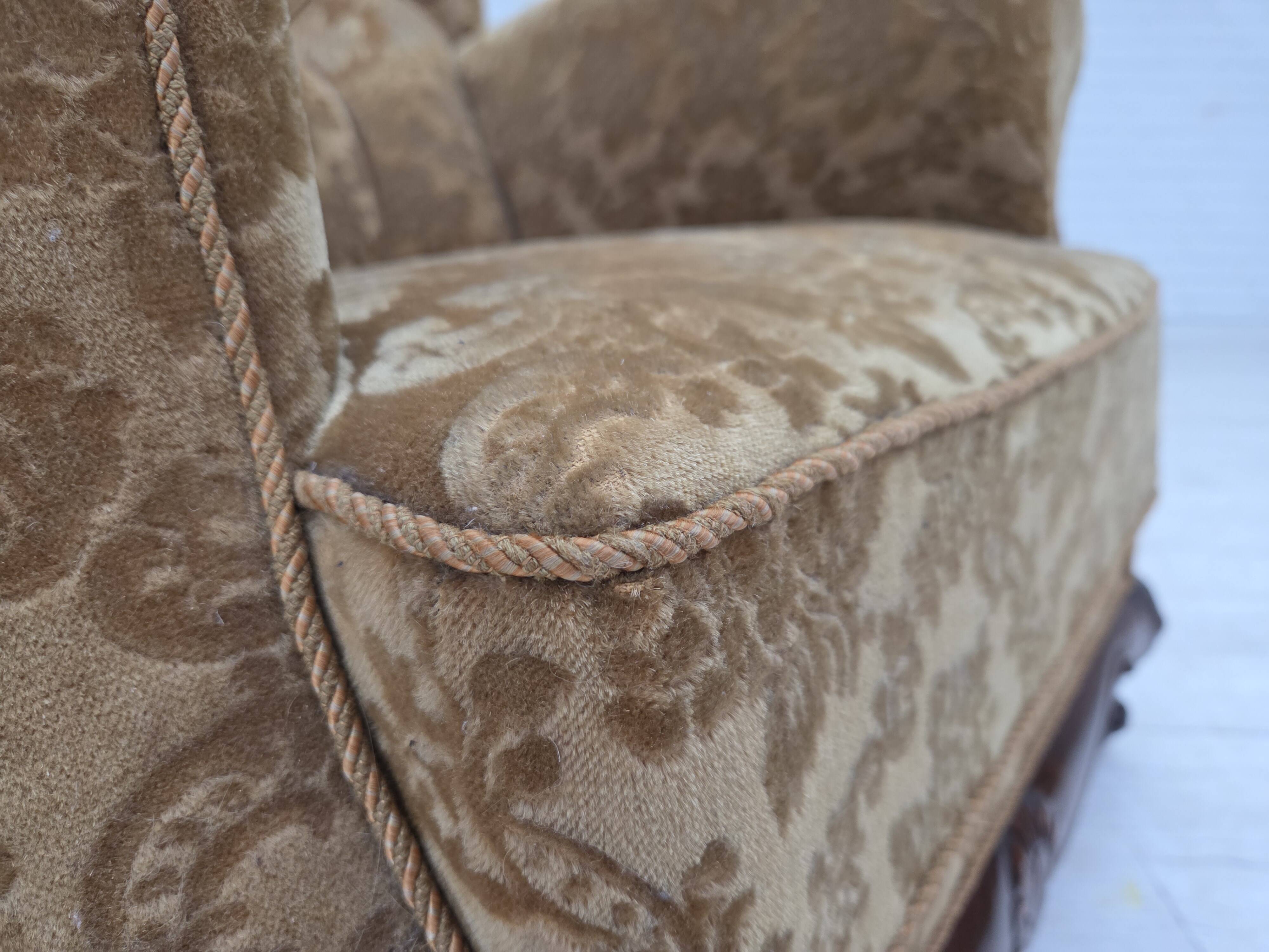 1950s, Danish relax armchair, furniture velour, carved oak wood.