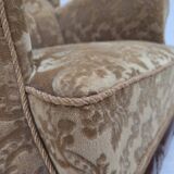 1950s, Danish relax armchair, furniture velour, carved oak wood.