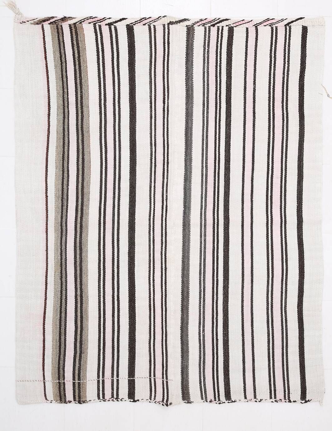 Kilim Turc Vintage Rayé Blanc et Brun, Tapis Bohème Tissé Main,175x220Cm