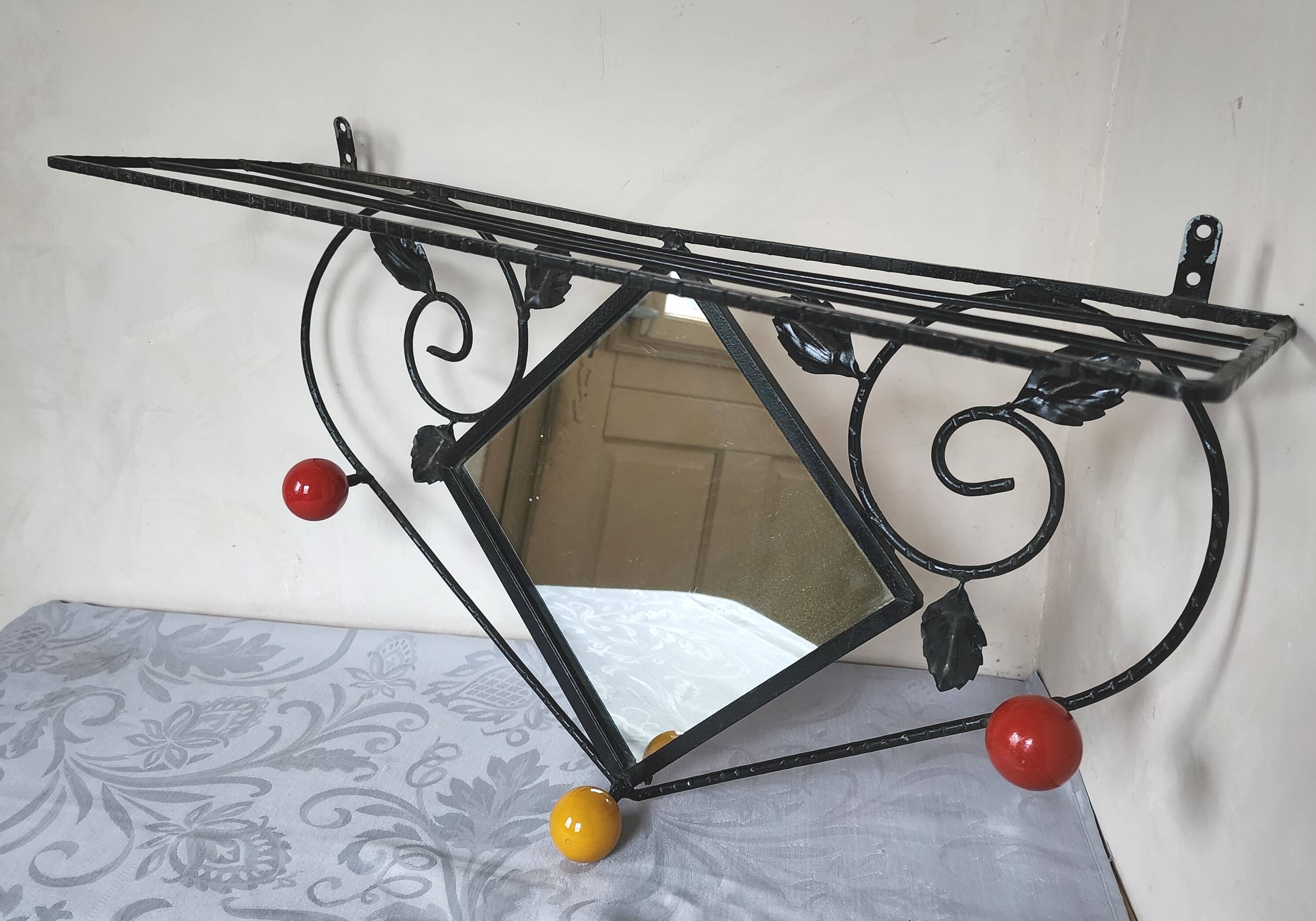 Coat rack, hat rack, wrought iron, 3 wooden balls