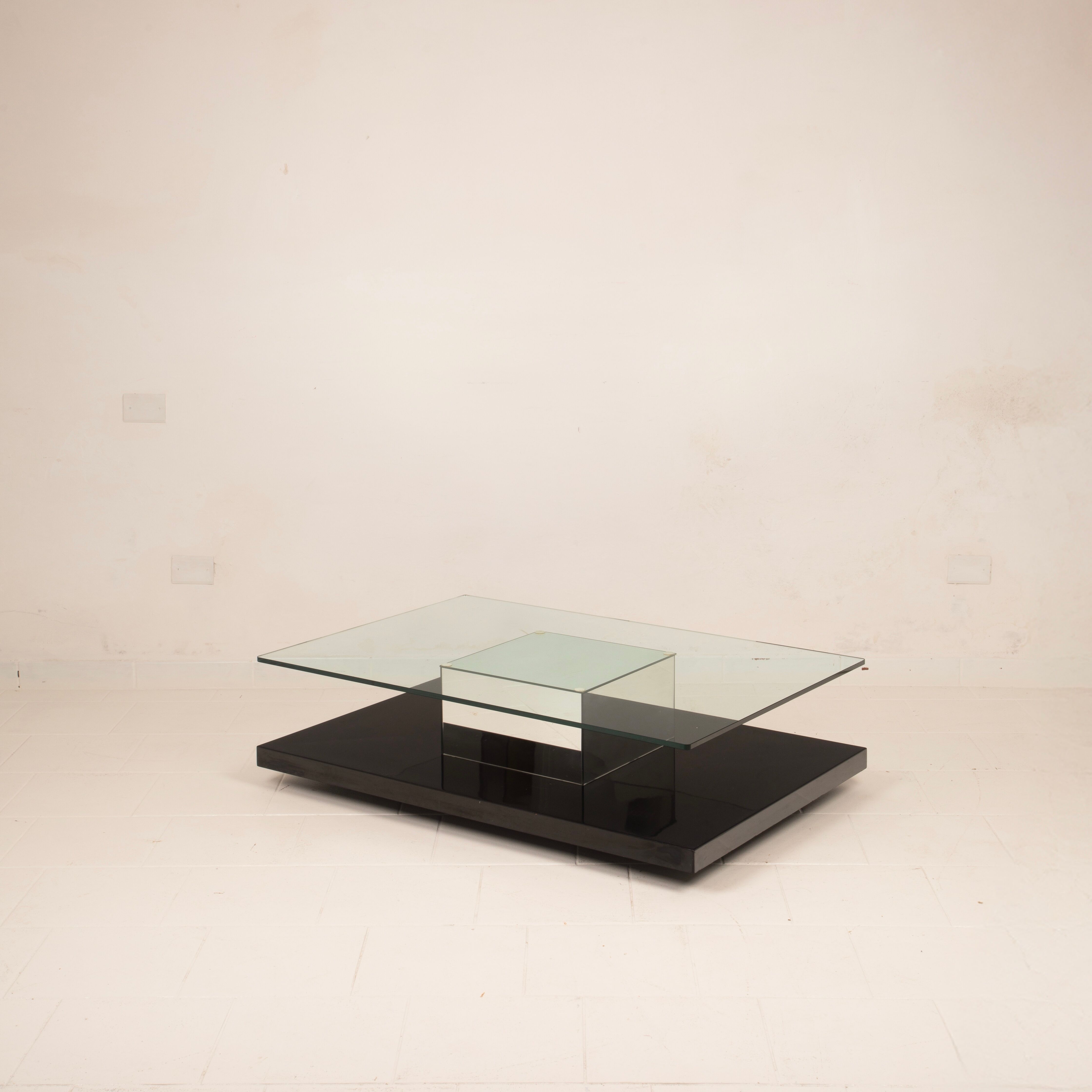Cidue Mid Century Italian Black Lacquer, Mirror and Glass Coffee Table 1970