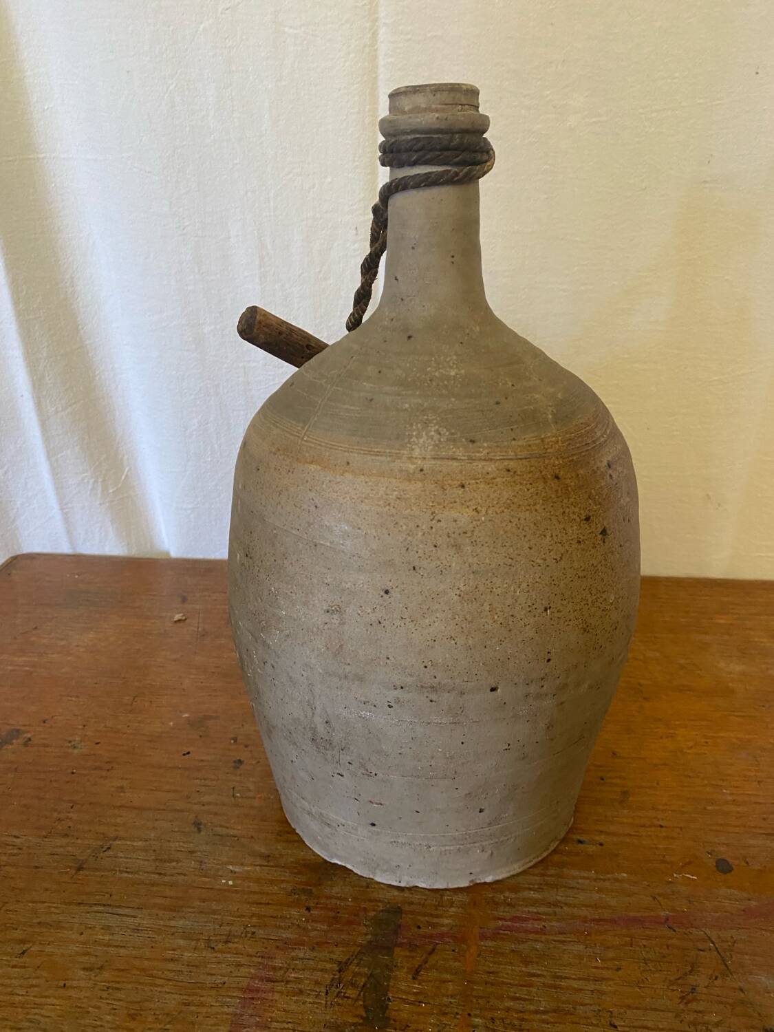 Antique Beige Stoneware Bottle + Wooden Stopper Large Volume Vintage