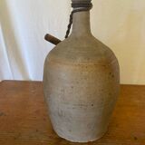 Antique Beige Stoneware Bottle + Wooden Stopper Large Volume Vintage