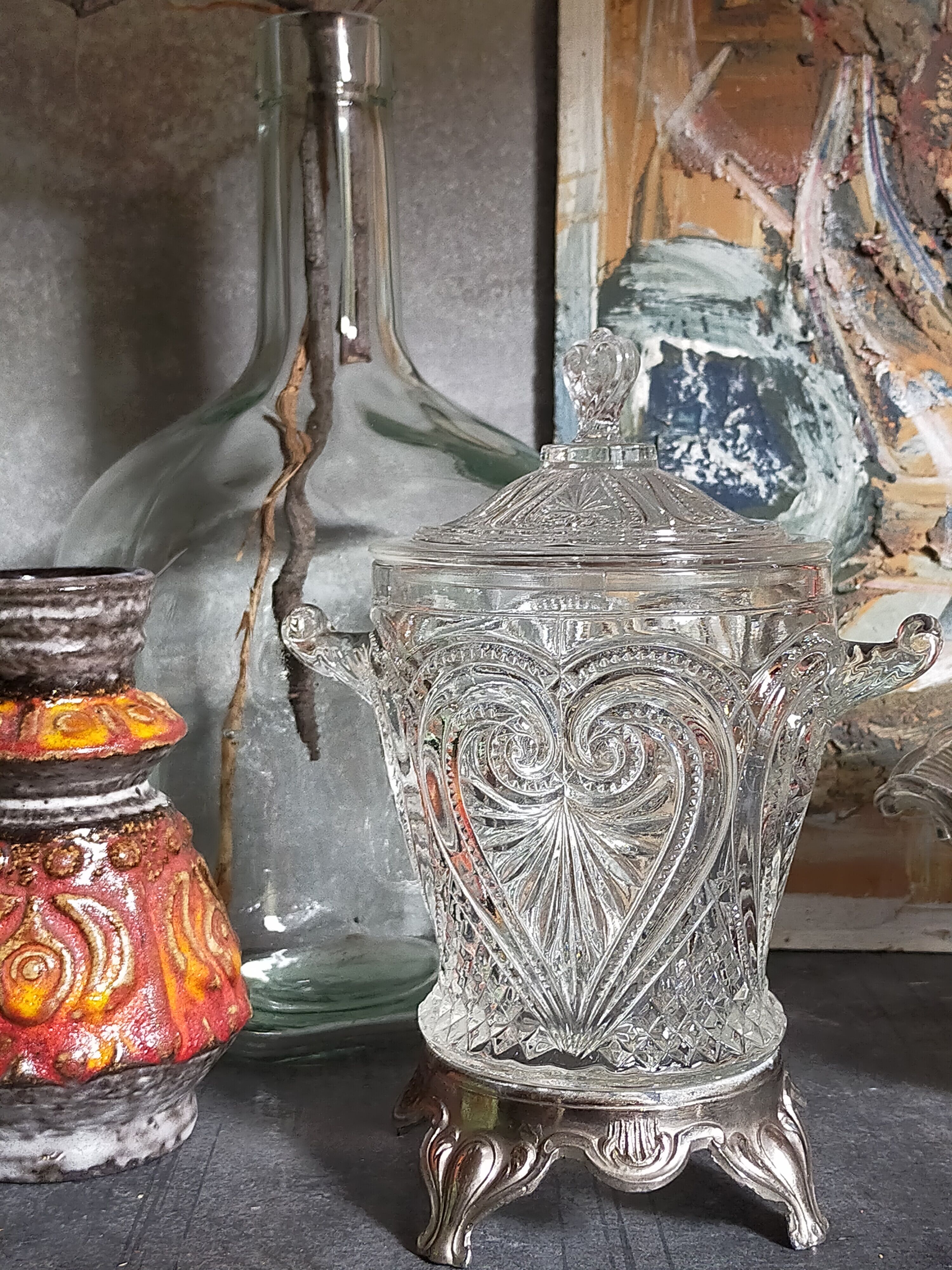 Antique glass compotier on metal stand