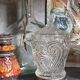 Antique glass compotier on metal stand