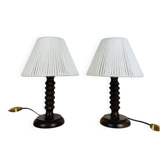 Paire de lampes brutalistes bois tourné et laine