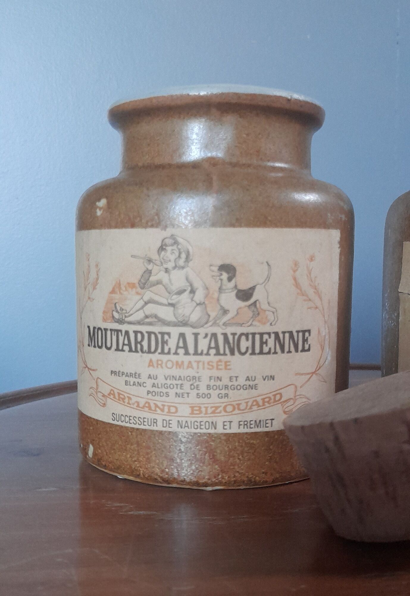 Duo of glazed stoneware mustard pots with label and corks, armand bizouard, amora, 1950
