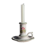 Small vintage hand-held candlestick in earthenware with green trim and floral decoration H10.5