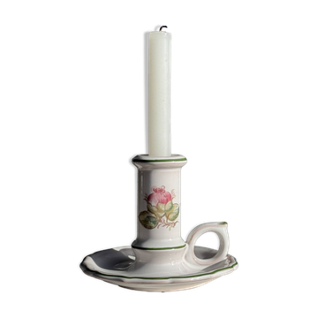 Small vintage hand-held candlestick in earthenware with green trim and floral decoration H10.5