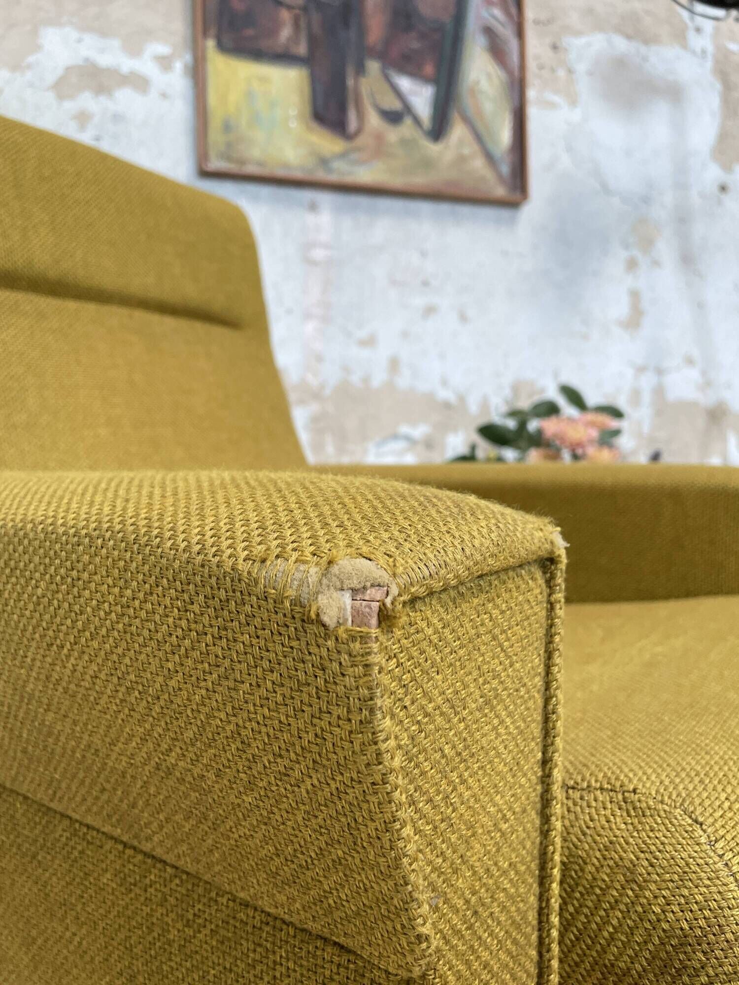 Vintage armchair in fabric and metal compass legs, circa 1950.