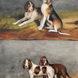 Pendant Tableaux aquarelle XIX° Chiens anglo-artésiens et récri signé H. de L.C.
