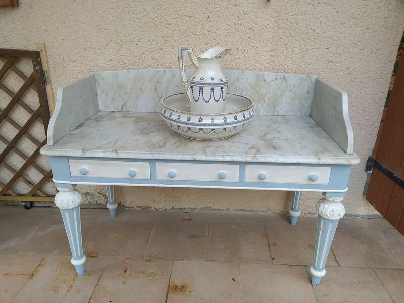 Vanity unit, wooden and marble dressing table in Louis XVI style.