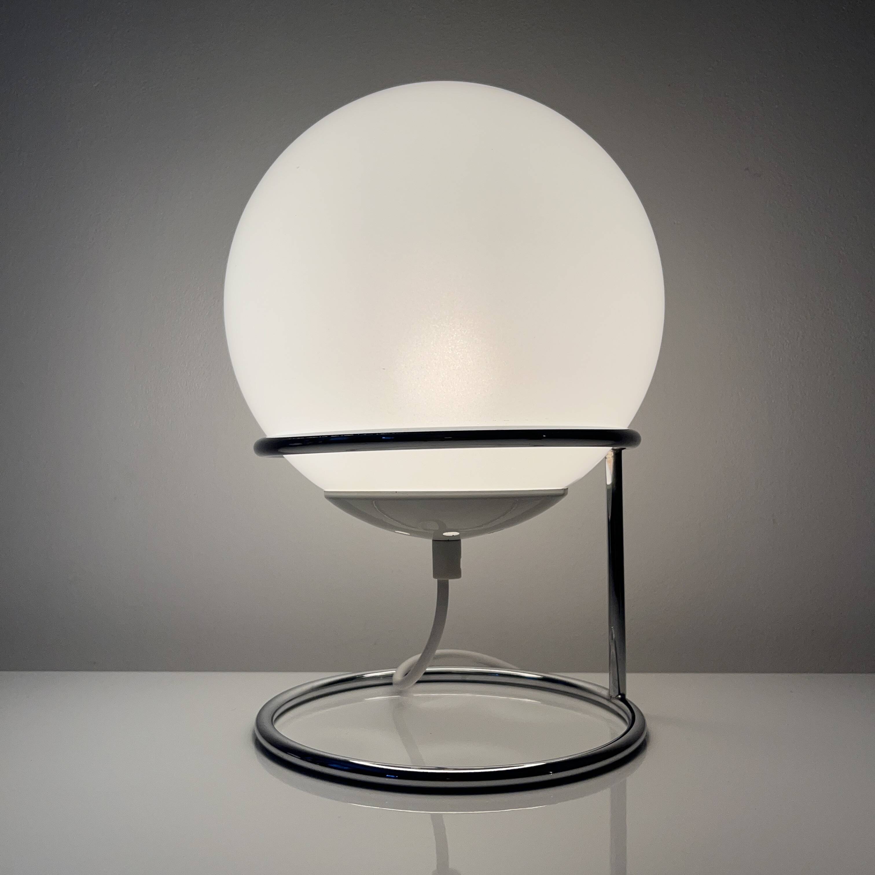 Spherical accent lamp in chrome steel and opaline glass space age