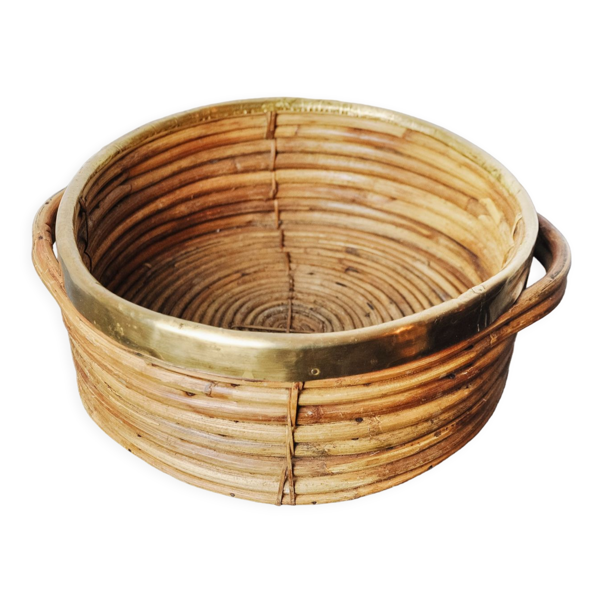 Rattan and brass basket, Italy, 1970