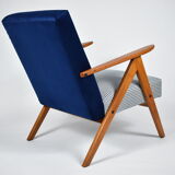 Vintage original 60s armchair, refubrished, blue velvet, poule fabric