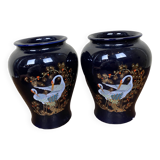 Set of 2 black Italian ceramic vases with swan pattern