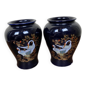 Set of 2 black Italian ceramic vases with swan pattern